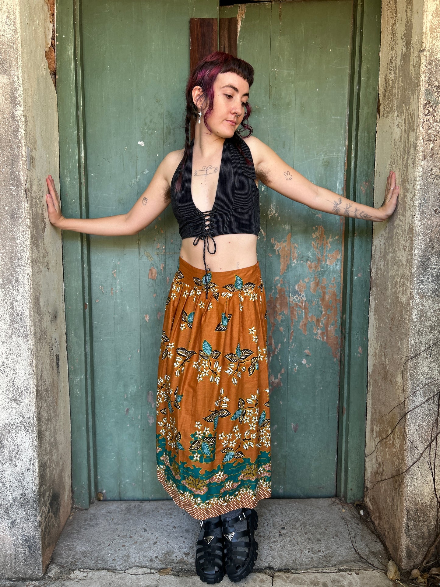 Midi to the MAX Skirt in cinnamon teal floral print