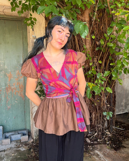 Puffy Brown Ikat Wrap Top