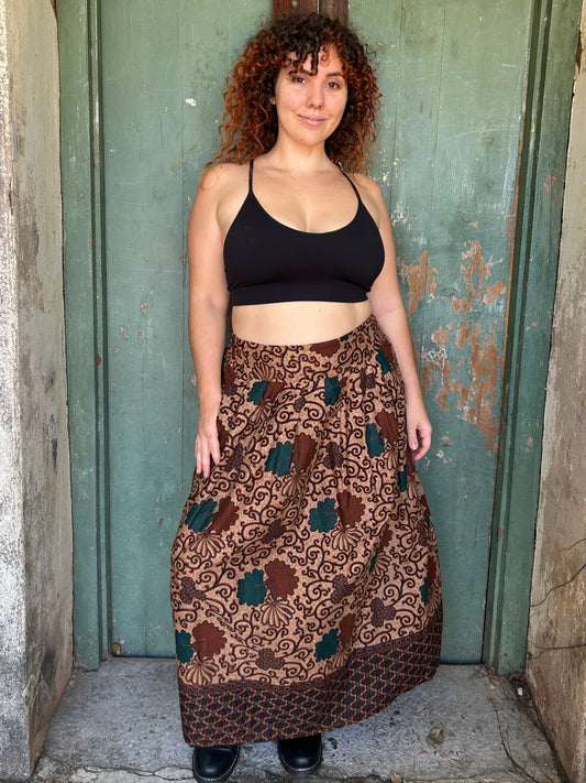 Midi to the MAX Skirt in chocolate teal floral print