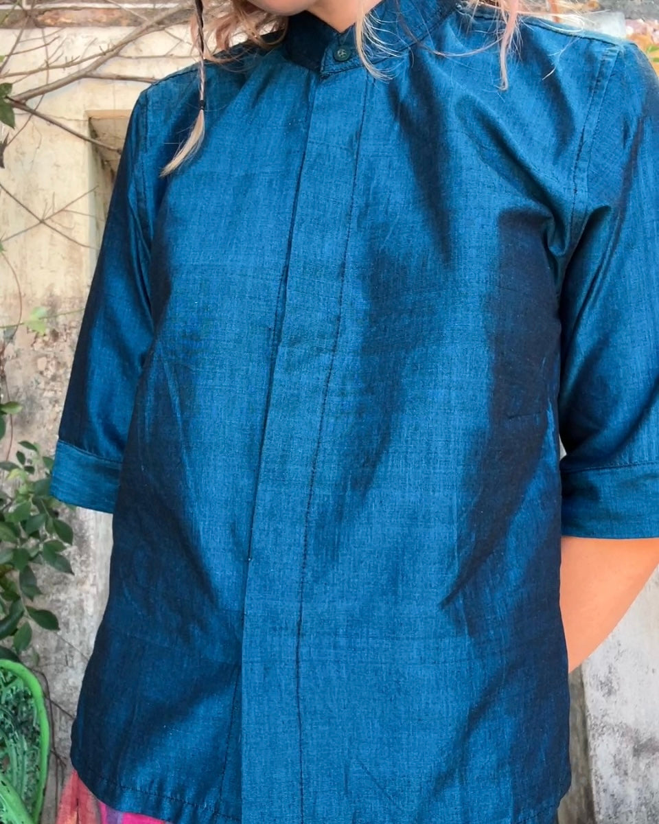 Metallic Blue Ikat Button Up Top