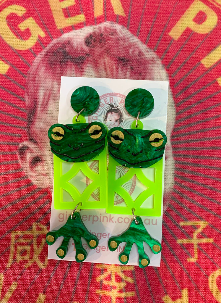 Lucky Frog/ Breezeblock stud earrings in Fluoro Green - Ginger Pink Darwin - ethical fashion - darwin clothing shop - darwin clothing store - darwin fashion