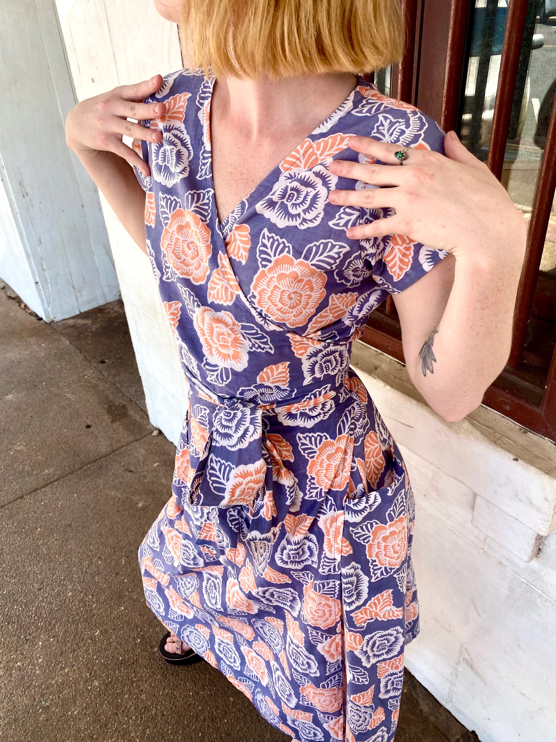 Radiant Wrap Dress in Apricot and Steel Blue Floral Print - Ginger Pink Darwin - ethical fashion - darwin clothing shop - darwin clothing store - darwin fashion