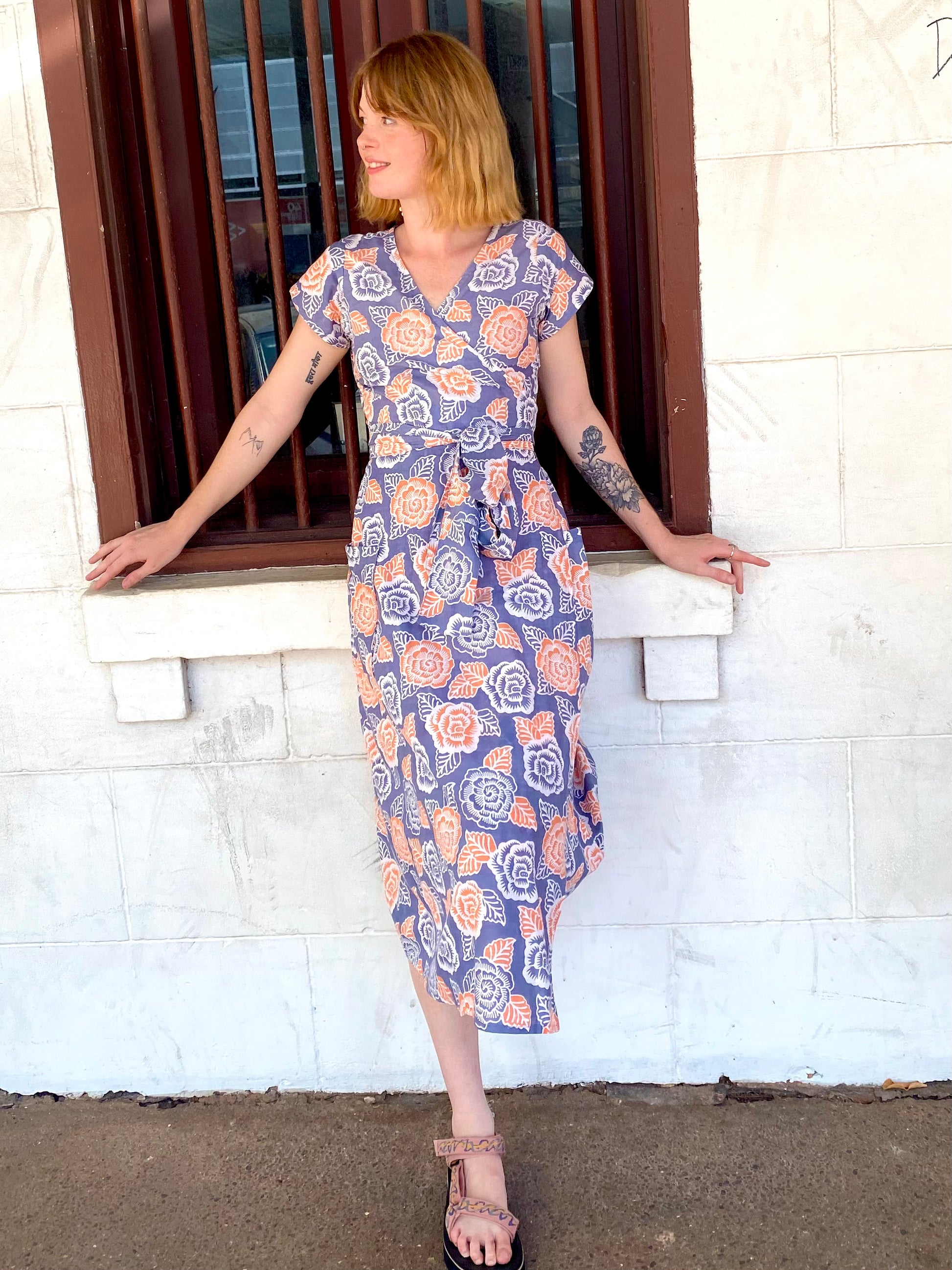 Radiant Wrap Dress in Apricot and Steel Blue Floral Print - Ginger Pink Darwin - ethical fashion - darwin clothing shop - darwin clothing store - darwin fashion